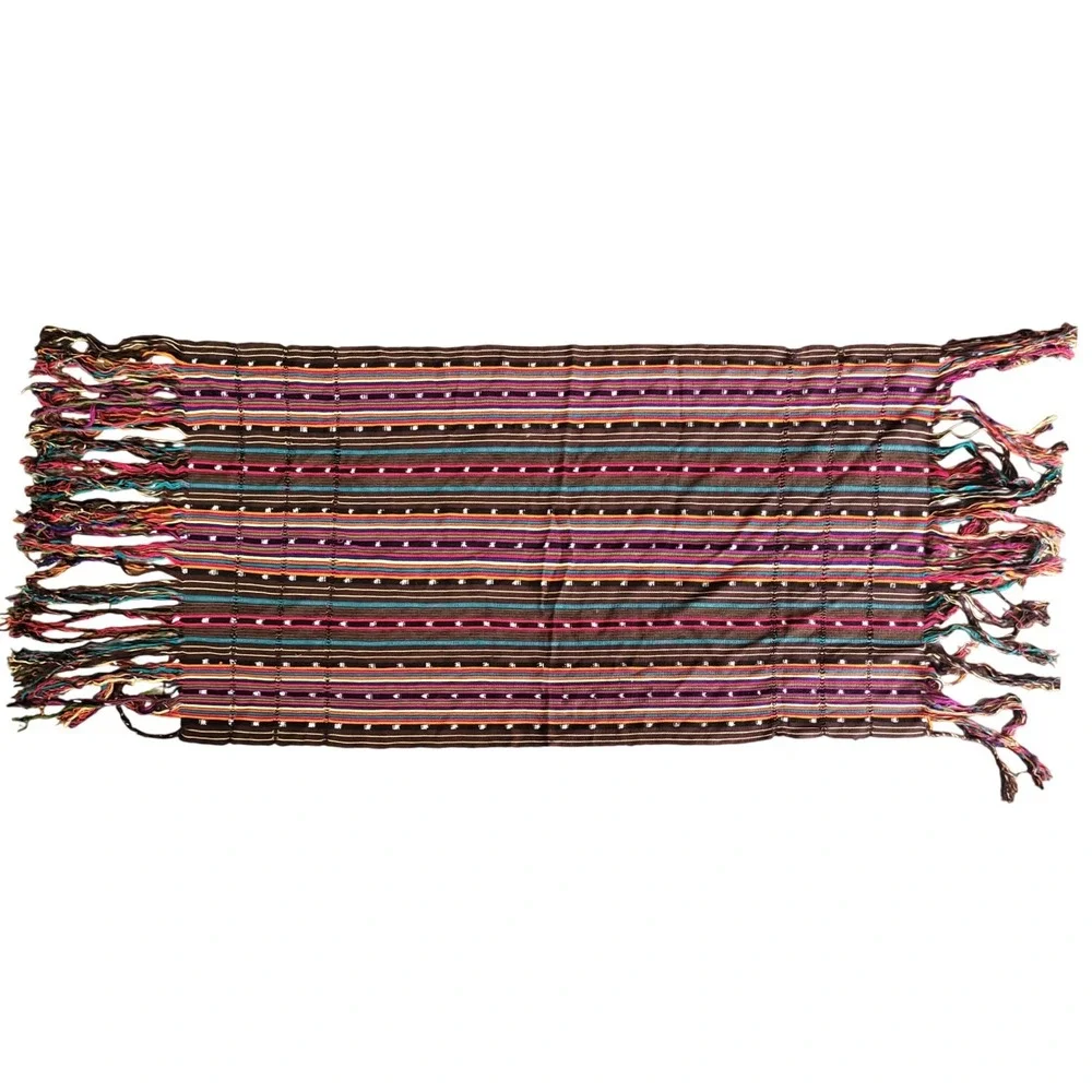Handwoven Striped Textile Scarf Multi Color Fringed Table Runner Wall Hanging